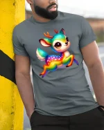 Cute Rainbow Deer Fantasy Cartoon Art Graphic Tshirt - model wearing grey tee, leaning on column