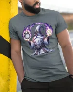 Mystic Time Wizard Cartoon Magic Clock Fantasy Graphic Tshirt - model wearing grey tee, leaning on column