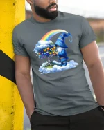 Rainbow Gnome Wizard Fantasy Art Cartoon Graphic T Shirt - model wearing grey tee, leaning on column