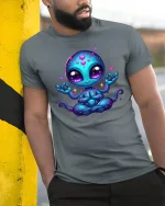 Cute Cosmic Alien Meditation Cartoon Graphic T Shirt - model wearing grey tee, leaning on column