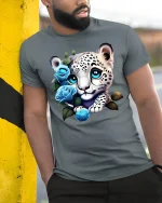 Cute Snow Leopard Cub Blue Rose Fantasy Art Graphic Tee - model wearing grey tee, leaning on column