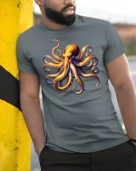 Colorful Octopus Ocean Art Graphic Tee With Bold Sea Energy - model wearing grey tee, leaning on column