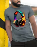 Flaming Headphones Music Energy Graphic Tee With Bold Sound Art - model wearing grey tee, leaning on column