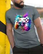 Color Splash Gaming Controller Graphic Tee With Vibrant Gamer Art - model wearing grey tee, leaning on column
