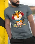 Cute Relaxed Tiger Cartoon Graphic T Shirt With Cozy Autumn Vibes - model wearing grey tee, leaning on column