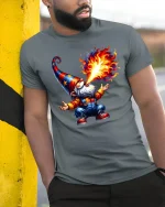 Funny Fire Breathing Wizard Gnome Cartoon Graphic T Shirt - model wearing grey tee, leaning on column
