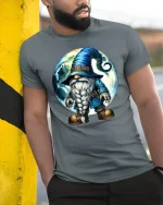 Mystical Moon Wizard Gnome Cartoon Graphic T Shirt Fantasy Art - model wearing grey tee, leaning on column