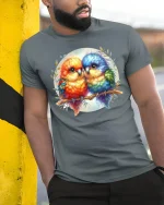 Colorful Love Birds Watercolor Art Graphic T Shirt Cute Style - model wearing grey tee, leaning on column