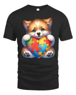 Cute Puppy Autism Awareness T Shirt with Puzzle Heart Love Design - black t-shirt on white background