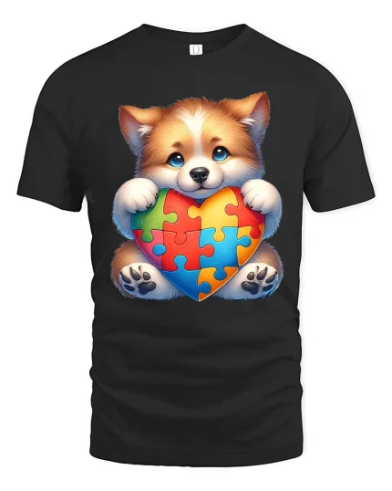 Cute Puppy Autism Awareness T Shirt with Puzzle Heart Love Design - black t-shirt on white background