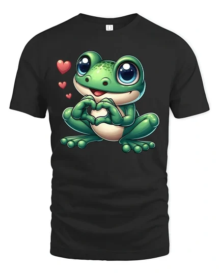 Cute Frog Holding Heart Cartoon Graphic T Shirt with Sweet Love Feel - black t-shirt on white background