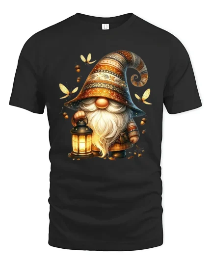 Magical Gnome Holding Lantern Fantasy Illustration Graphic T Shirt - black t-shirt on white background