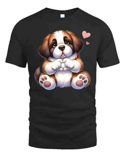 Cute Puppy Making Heart Shape Cartoon Graphic T Shirt with Love - black t-shirt on white background