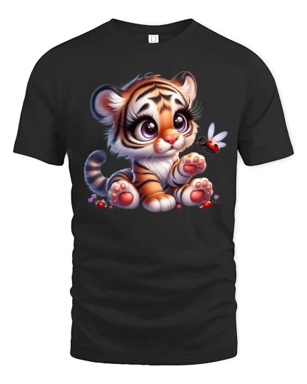 Cute Baby Tiger Cartoon Graphic T Shirt with Sweet Playful Charm - black t-shirt on white background