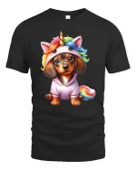 Cute Unicorn Puppy Cartoon Graphic T Shirt with Rainbow Magic Style - black t-shirt on white background