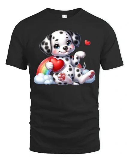 Cute Dalmatian Puppy Holding Heart Rainbow Cartoon Graphic T Shirt - black t-shirt on white background