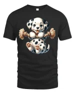 Cute Dalmatian Puppy Playing with Rope Cartoon Graphic T Shirt - black t-shirt on white background