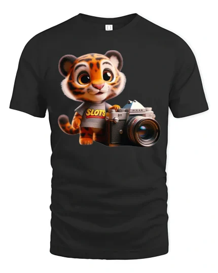 Cute Tiger Photographer Cartoon Graphic T Shirt with Creative Vibes - black t-shirt on white background