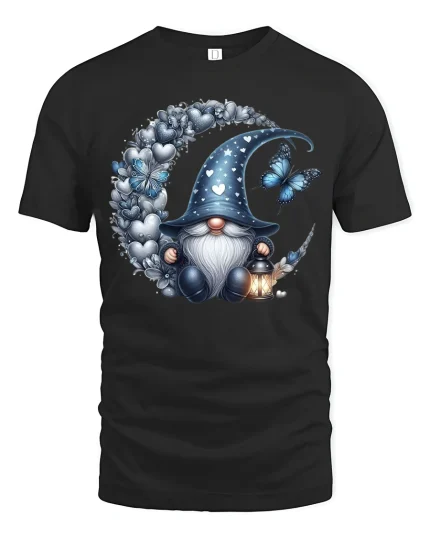 Mystical Gnome Moon Butterfly Fantasy Art Graphic T Shirt - black t-shirt on white background