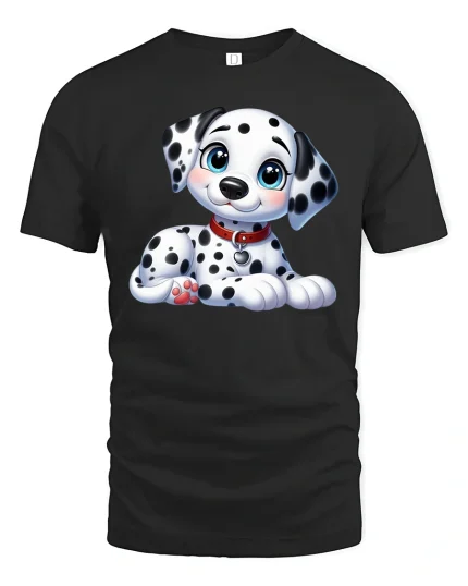 Cute Dalmatian Puppy Cartoon Graphic T Shirt with Sweet Happy Style - black t-shirt on white background
