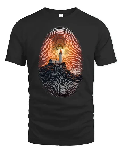 Lighthouse Fingerprint Sunset Art Graphic T Shirt with Deep Meaning - black t-shirt on white background