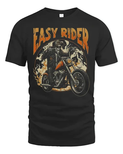 Easy Rider Skull Motorcycle Graphic T Shirt with Vintage Biker Style - black t-shirt on white background