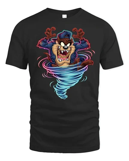 Crazy Tornado Wolf Cartoon Graphic T Shirt with Wild Energy Style - black t-shirt on white background