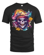 Colorful Pirate Skull Graphic T Shirt with Bold Street Art Style - black t-shirt on white background