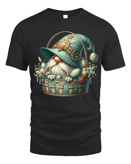 Cute Gnome in Floral Basket Fantasy Art Graphic T Shirt - black t-shirt on white background