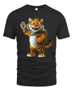 Cute Smiling Tiger Backpack Cartoon Adventure Graphic T Shirt - black t-shirt on white background