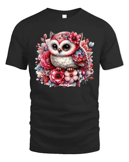 Cute Floral Owl Art Graphic T Shirt with Whimsical Garden Style - black t-shirt on white background
