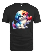 Cute Puppy Holding Heart Cartoon Graphic T Shirt with Sweet Love Vibes - black t-shirt on white background