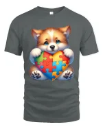 Cute Puppy Autism Awareness T Shirt with Puzzle Heart Love Design - gray t-shirt on white background