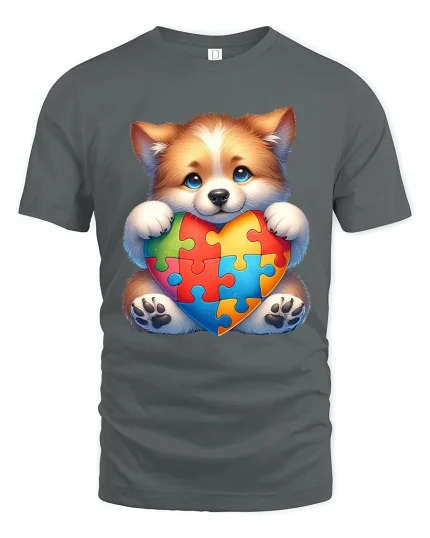 Cute Puppy Autism Awareness T Shirt with Puzzle Heart Love Design - gray t-shirt on white background
