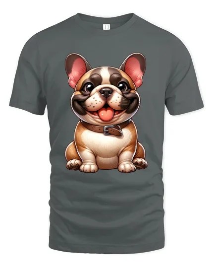 Cute Smiling Bulldog Cartoon Graphic T Shirt with Happy Vibes - gray t-shirt on white background