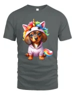 Cute Unicorn Puppy Cartoon Graphic T Shirt with Rainbow Magic Style - gray t-shirt on white background