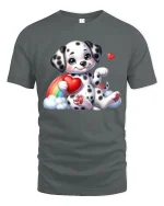 Cute Dalmatian Puppy Holding Heart Rainbow Cartoon Graphic T Shirt - gray t-shirt on white background