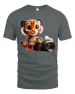 Cute Tiger Photographer Cartoon Graphic T Shirt with Creative Vibes - gray t-shirt on white background