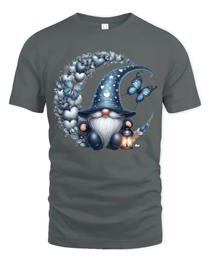 Mystical Gnome Moon Butterfly Fantasy Art Graphic T Shirt - gray t-shirt on white background