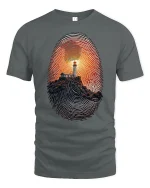 Lighthouse Fingerprint Sunset Art Graphic T Shirt with Deep Meaning - gray t-shirt on white background