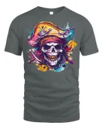 Colorful Pirate Skull Graphic T Shirt with Bold Street Art Style - gray t-shirt on white background