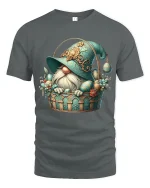 Cute Gnome in Floral Basket Fantasy Art Graphic T Shirt - gray t-shirt on white background
