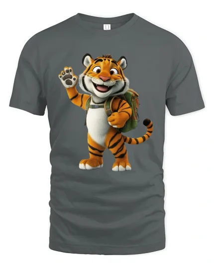 Cute Smiling Tiger Backpack Cartoon Adventure Graphic T Shirt - gray t-shirt on white background