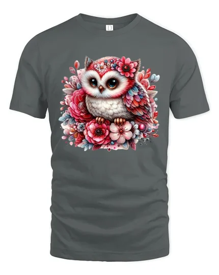 Cute Floral Owl Art Graphic T Shirt with Whimsical Garden Style - gray t-shirt on white background