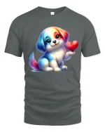 Cute Puppy Holding Heart Cartoon Graphic T Shirt with Sweet Love Vibes - gray t-shirt on white background