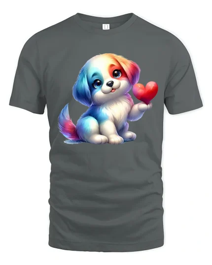 Cute Puppy Holding Heart Cartoon Graphic T Shirt with Sweet Love Vibes - gray t-shirt on white background