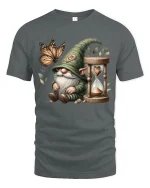 Whimsical Gnome with Butterfly and Hourglass Fantasy Graphic T Shirt - gray t-shirt on white background