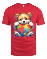 Cute Puppy Autism Awareness T Shirt with Puzzle Heart Love Design - red t-shirt on white background