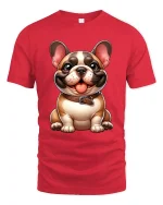 Cute Smiling Bulldog Cartoon Graphic T Shirt with Happy Vibes - red t-shirt on white background