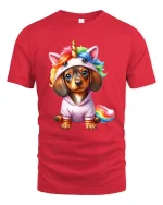 Cute Unicorn Puppy Cartoon Graphic T Shirt with Rainbow Magic Style - red t-shirt on white background